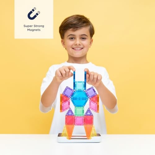 CONNETIX Magnetic Tiles Travel Mini Pack, 32 Pieces | Pack, Play and Create Anywhere with Mini Magnetic Tiles, Reusable Stickers and a Build-ready Tra