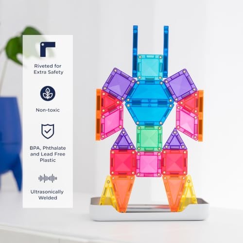 CONNETIX Magnetic Tiles Travel Mini Pack, 32 Pieces | Pack, Play and Create Anywhere with Mini Magnetic Tiles, Reusable Stickers and a Build-ready Tra
