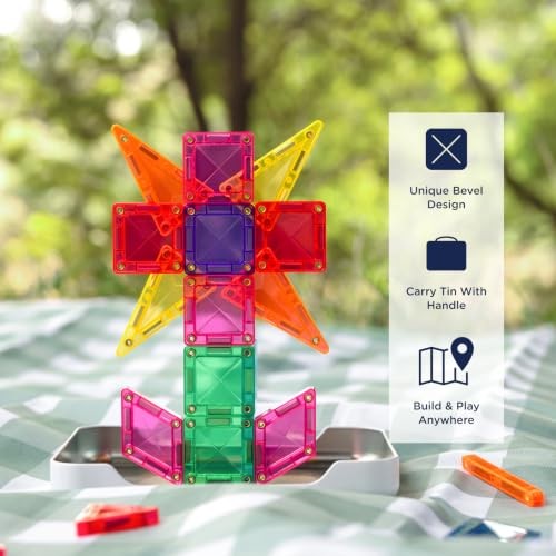 CONNETIX Magnetic Tiles Travel Mini Pack, 32 Pieces | Pack, Play and Create Anywhere with Mini Magnetic Tiles, Reusable Stickers and a Build-ready Tra