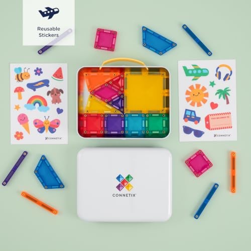 CONNETIX Magnetic Tiles Travel Mini Pack, 32 Pieces | Pack, Play and Create Anywhere with Mini Magnetic Tiles, Reusable Stickers and a Build-ready Tra