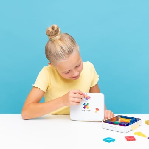 CONNETIX Magnetic Tiles Travel Mini Pack, 32 Pieces | Pack, Play and Create Anywhere with Mini Magnetic Tiles, Reusable Stickers and a Build-ready Tra