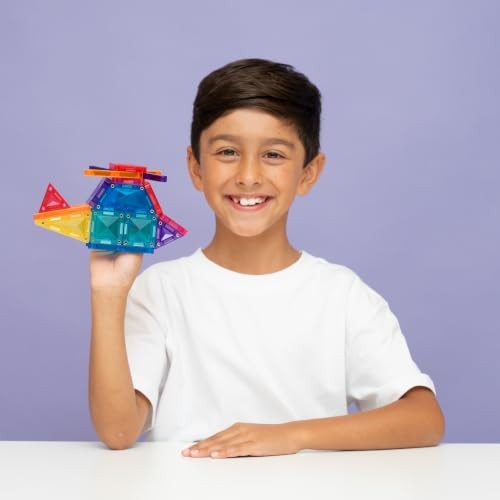 CONNETIX Magnetic Tiles Travel Mini Pack, 32 Pieces | Pack, Play and Create Anywhere with Mini Magnetic Tiles, Reusable Stickers and a Build-ready Tra
