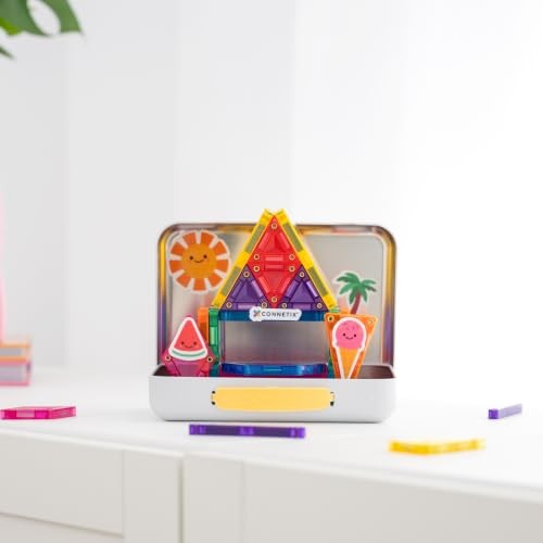 CONNETIX Magnetic Tiles Travel Mini Pack, 32 Pieces | Pack, Play and Create Anywhere with Mini Magnetic Tiles, Reusable Stickers and a Build-ready Tra