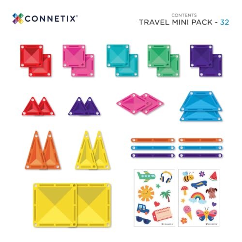 CONNETIX Magnetic Tiles Travel Mini Pack, 32 Pieces | Pack, Play and Create Anywhere with Mini Magnetic Tiles, Reusable Stickers and a Build-ready Tra