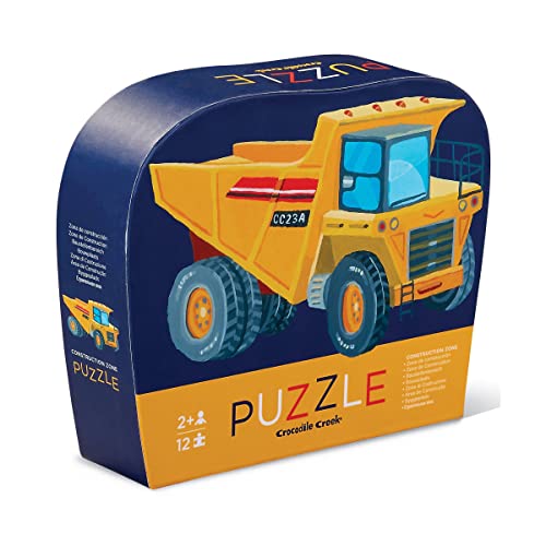 Crocodile Creek 12-Piece Mini Jigsaw Puzzle - Fun Floor Puzzles for Kids Ages 2-4 and up - Heavy-Duty Shaped Box for Storage - Construction Zone - 12 