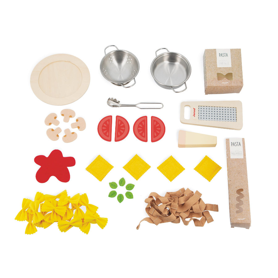 Janod - Pasta Mix - Pasta Set - Pretend Play Kitchen & Tea Set Toy - 58 Wooden  Cardboard and Felt Pieces Included - Water-Based Paints - 3 Years + J0