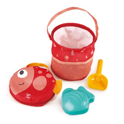 Hape: Fold & Go Beach Toy Set - Fish Shaped Waterproof Bag Holds Collapsible Bucket  Fish Sand Mold & Shovel  Beach Play  Kids & Toddlers Ages 18mo+