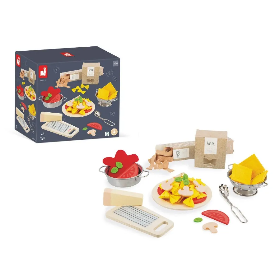 Janod - Pasta Mix - Pasta Set - Pretend Play Kitchen & Tea Set Toy - 58 Wooden  Cardboard and Felt Pieces Included - Water-Based Paints - 3 Years + J0