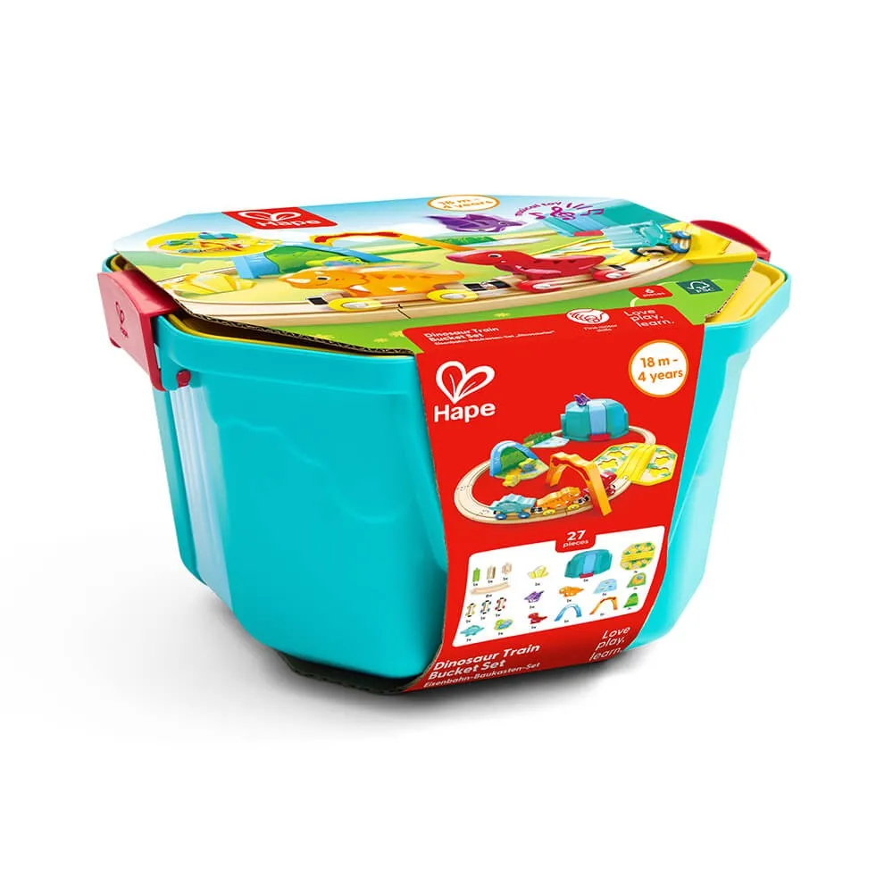 Hape: Dinosaur Train Bucket Set - 27pc  Wooden Train & Puzzle Toy  Magnetic Linking Capability  Brightly Colored  Baby & Toddlers  18 Months+