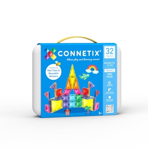 CONNETIX Magnetic Tiles Travel Mini Pack, 32 Pieces | Pack, Play and Create Anywhere with Mini Magnetic Tiles, Reusable Stickers and a Build-ready Tra