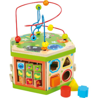 Small Foot Wooden Toys Safari Theme 12" Activity Cube Center 7-Sided Designed for Motor Skills Training Designed for Children 12+ Months  M