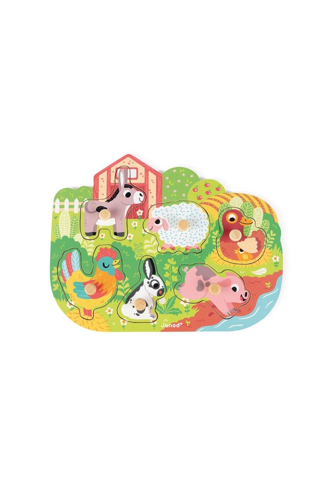 Janod 6 Piece Colorful Happy Farm Wooden Knob Puzzle - Encourages Shape Recognition  Dexterity  & Language Development - Preschool Kids & Toddlers 18 